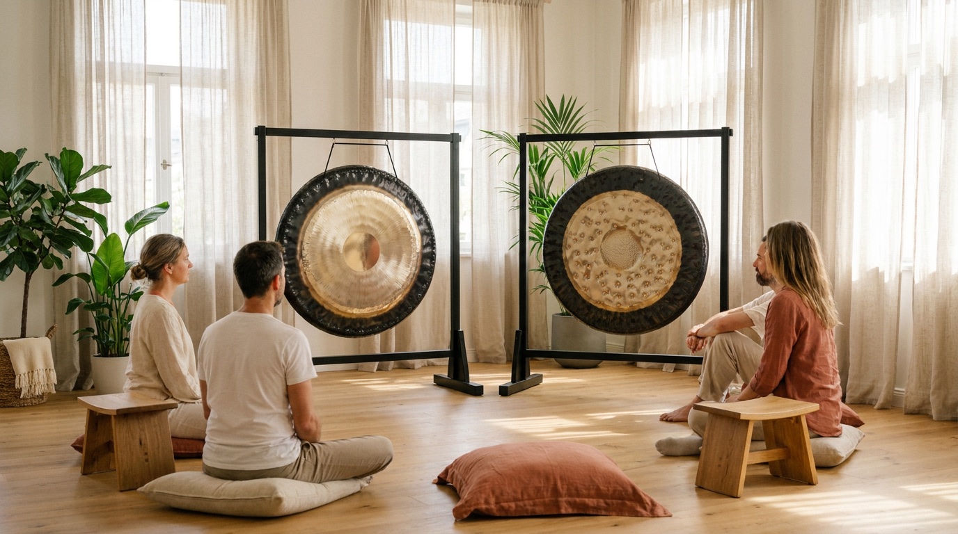 Kleine Gruppe in einem hellen Klangraum vor zwei Gongs