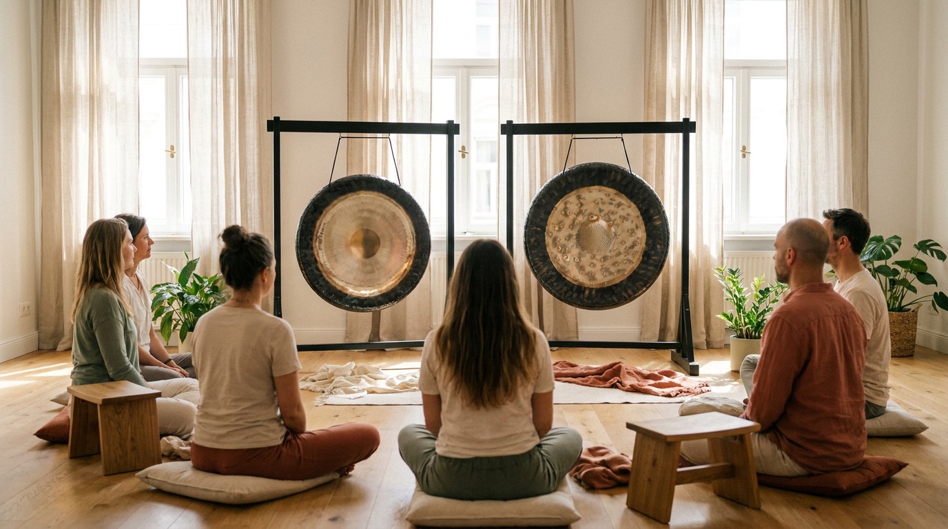 Gruppe in einem hellen Klangraum vor zwei Gongs